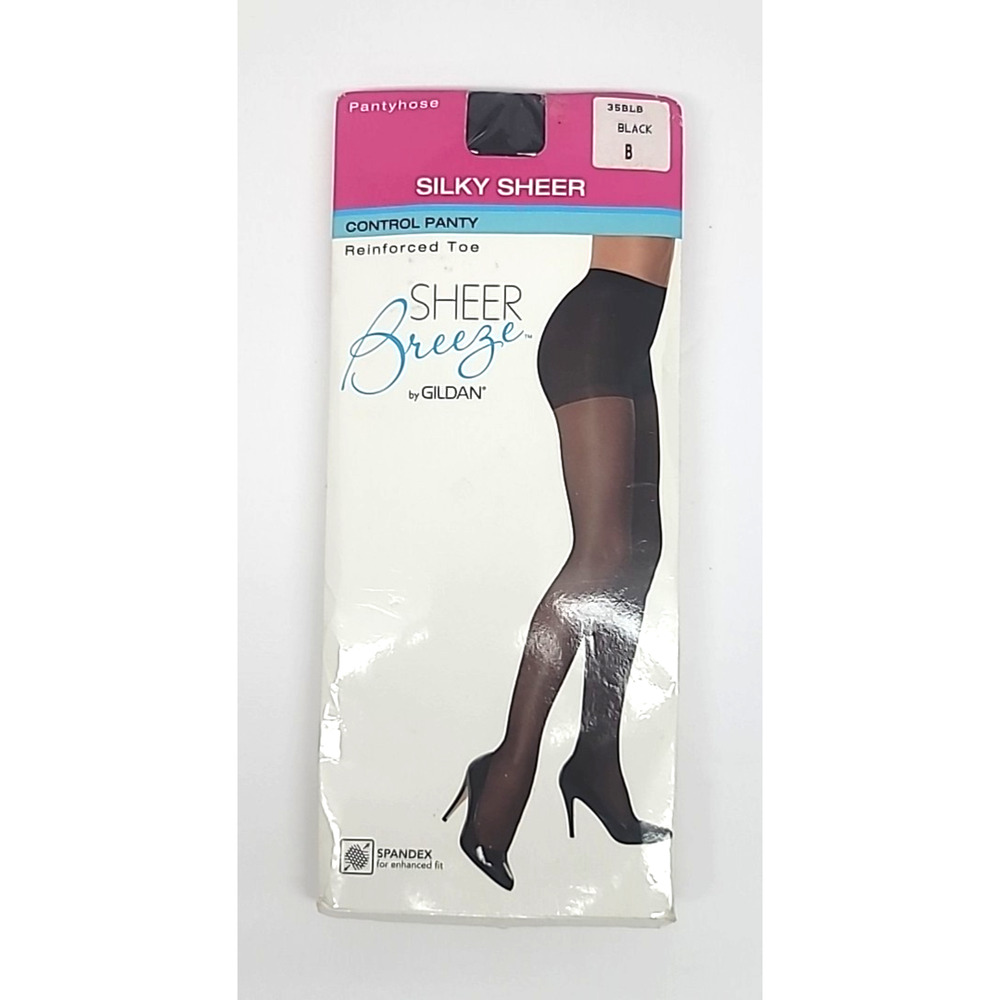 Gildan Sheer Breeze Silky Sheer Control Pantyhose Size B Black Reinforced Toe